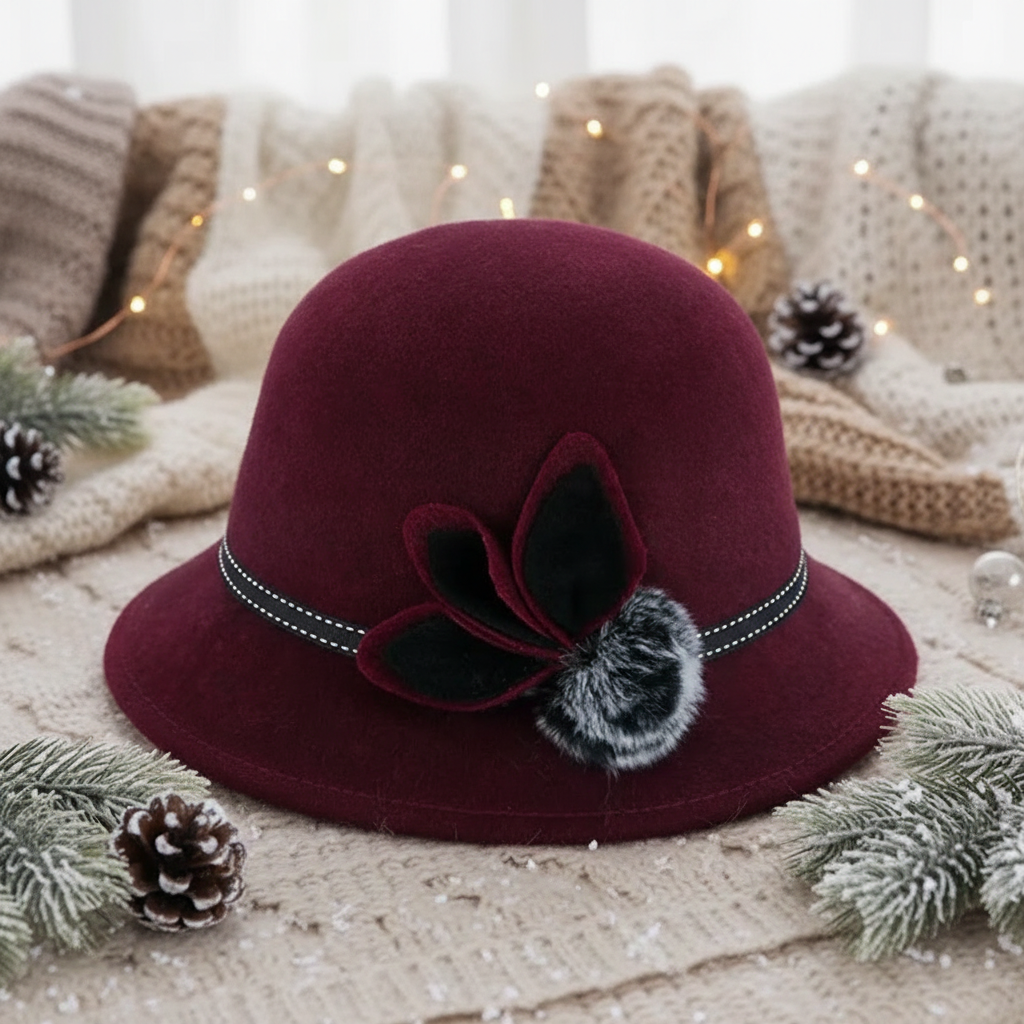 Maroon hat with decorative flower on a white background
