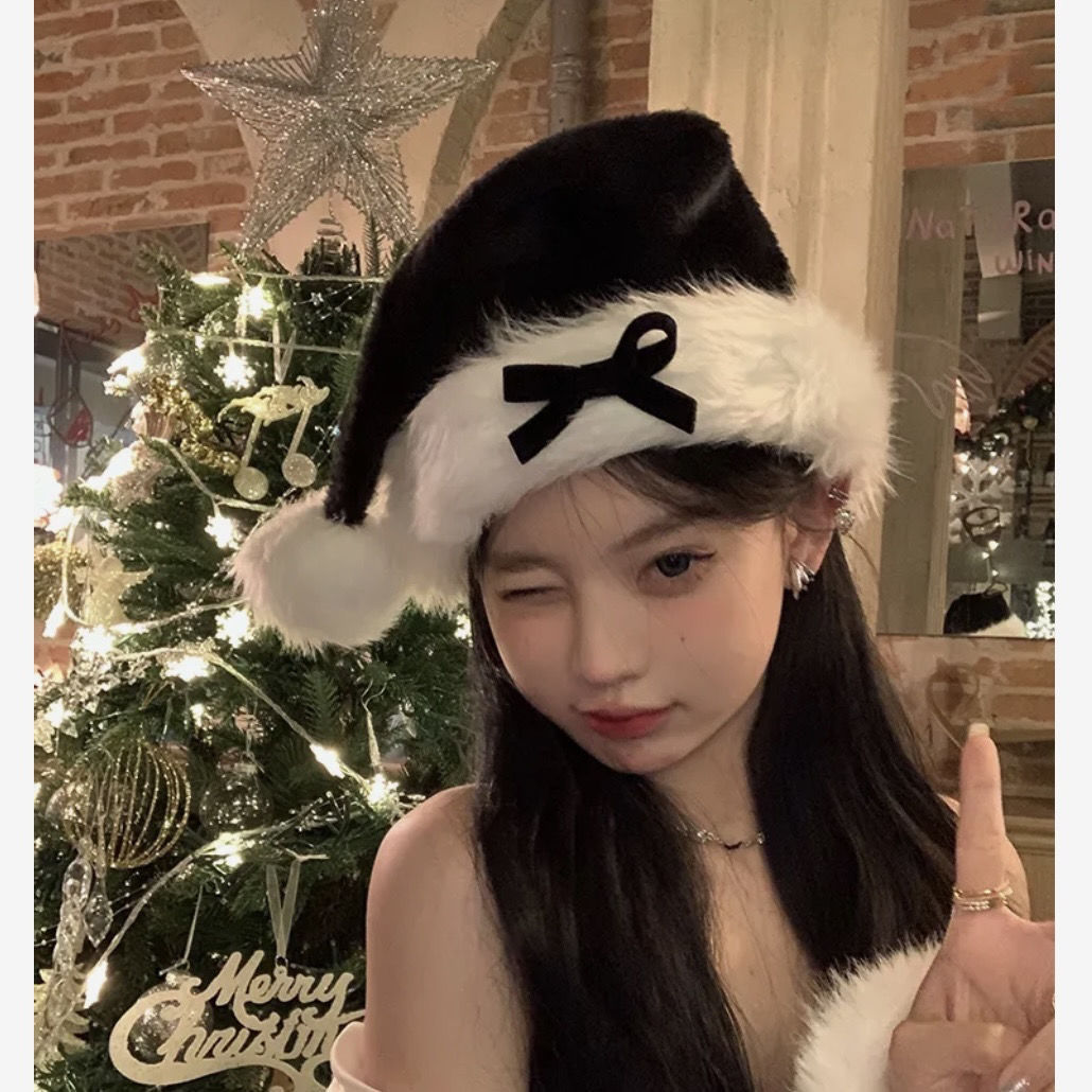 Bonnet de Noël pour femme avec nœud rouge et noir