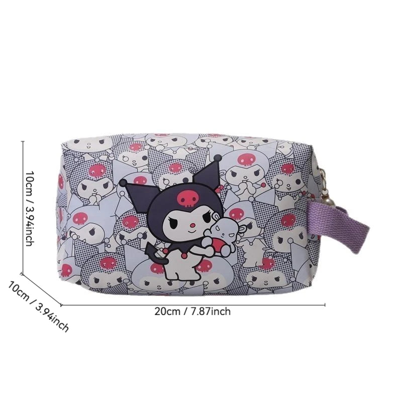 Small pouch with cartoon character design and measurements on a white background