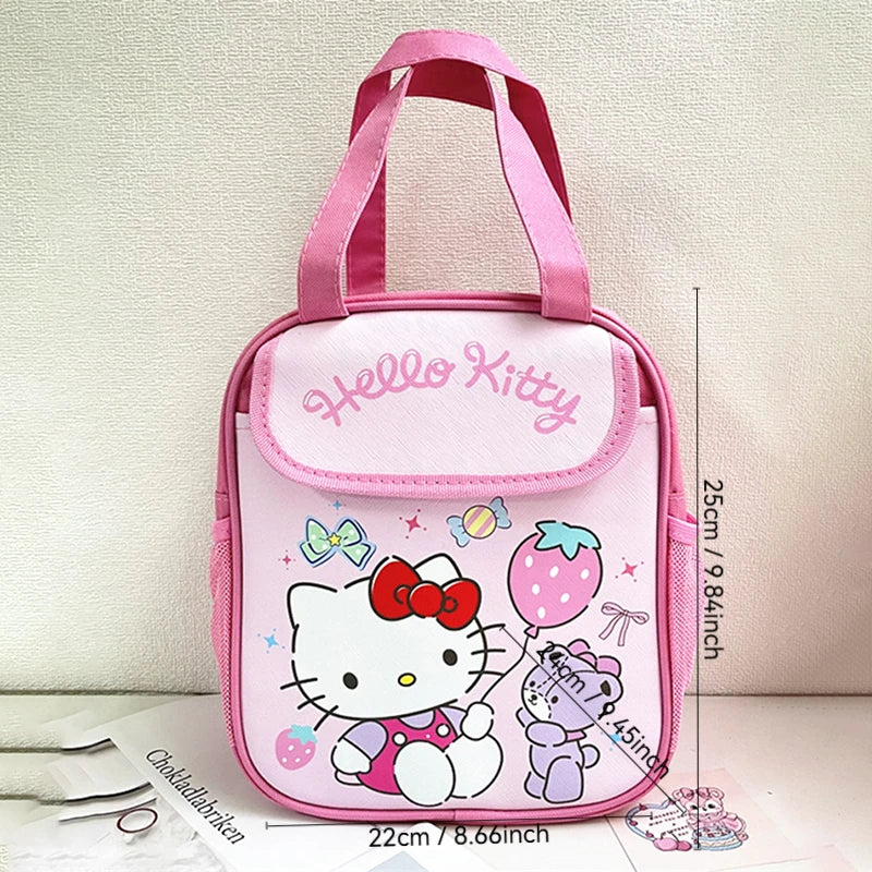 Pink 'Hello Kitty' bag with measurements on a light background