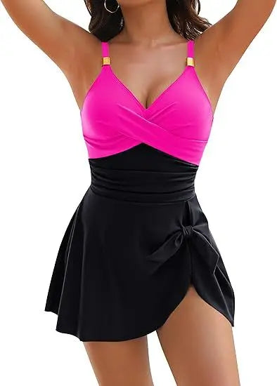 Woman wearing a pink top and black skirt on a white background