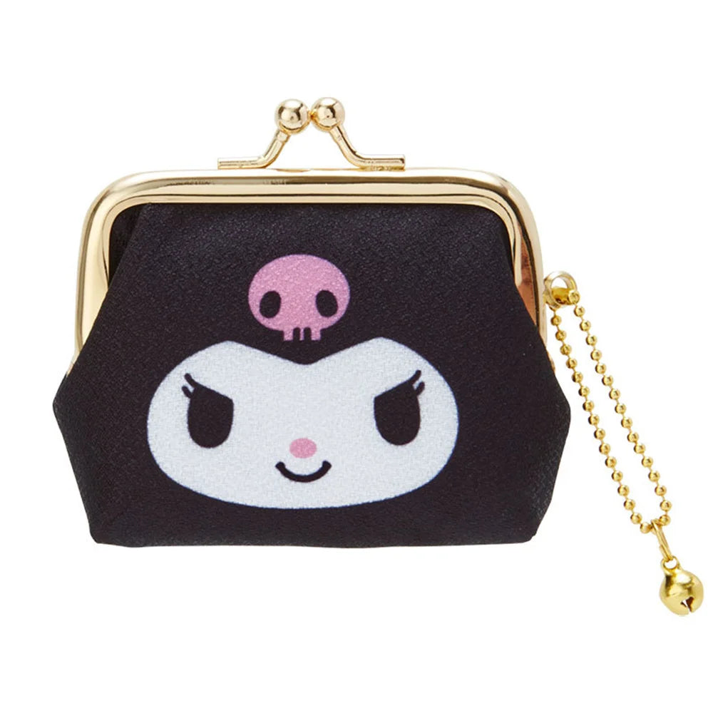 Black coin purse with a cute face design and pink skull on a white background