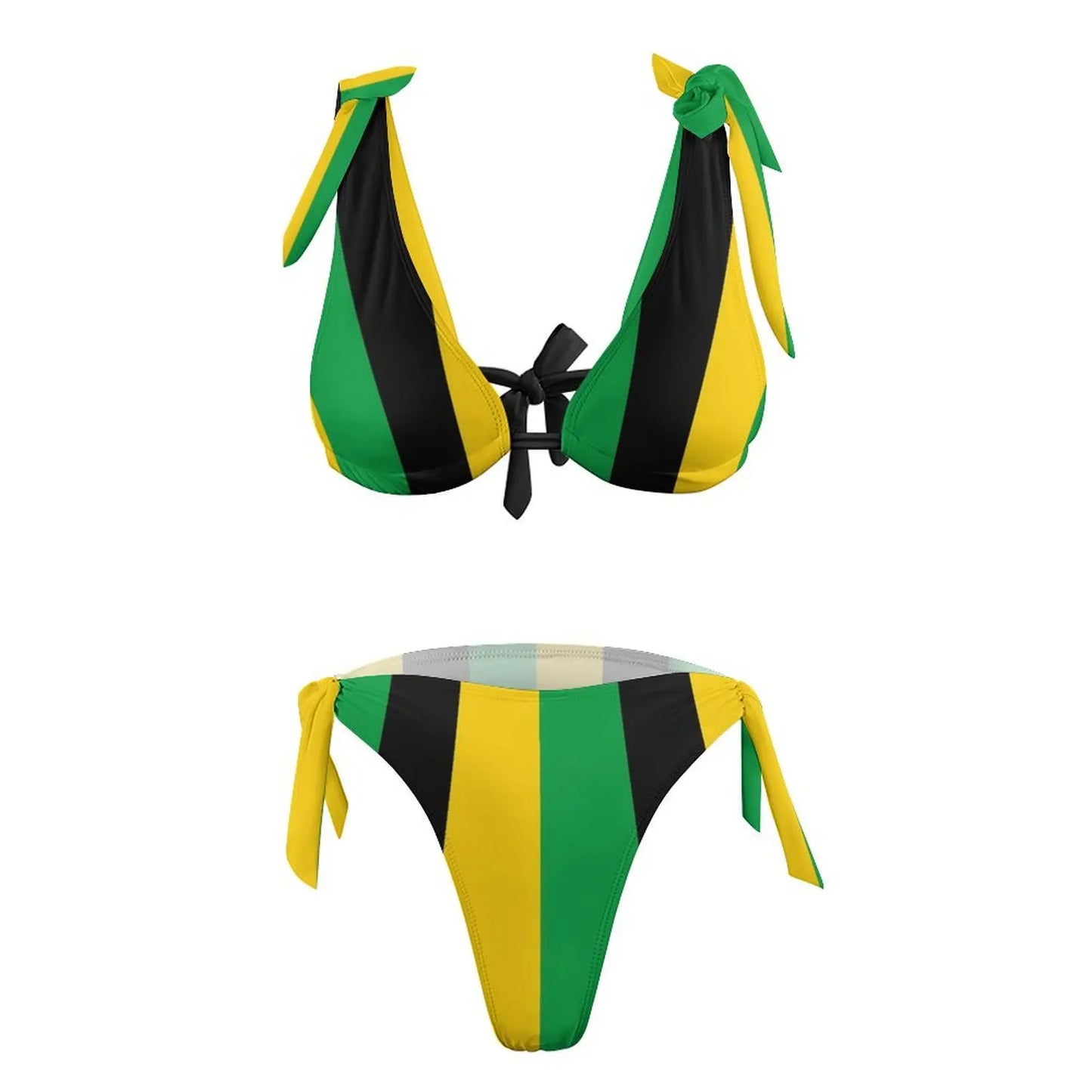 Bikini set with green, yellow, and black stripes on a white background