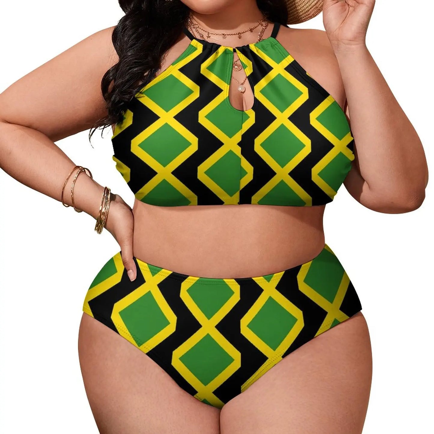 Two-piece swimsuit with green and yellow geometric pattern on a white background