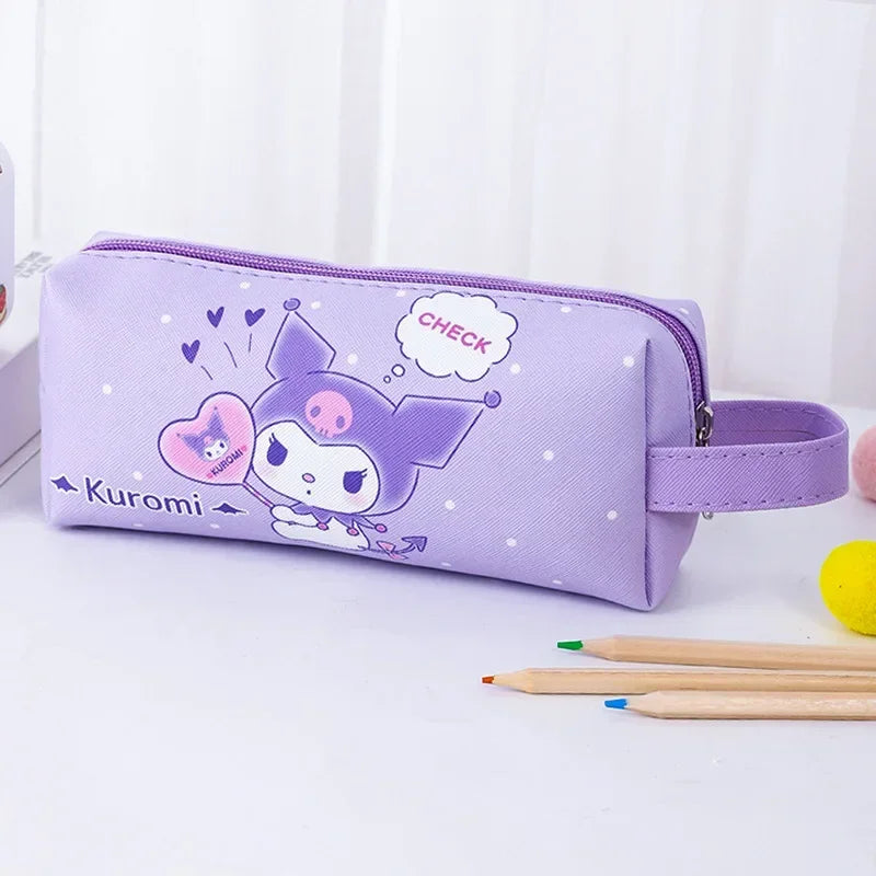 Purple pencil case with cartoon character on a white background