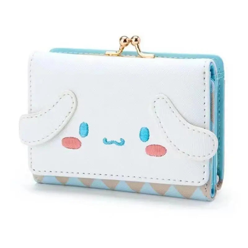 White wallet with cartoon face design on a white background