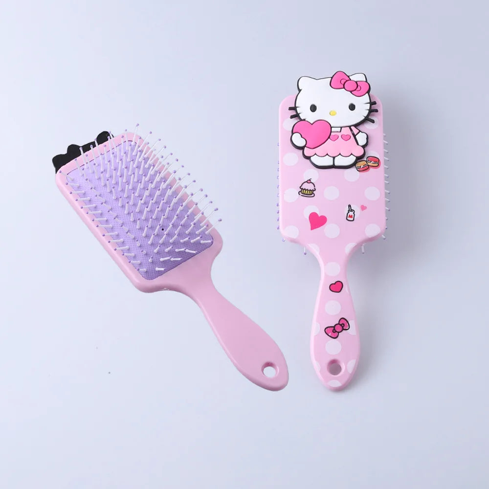 Two pink hairbrushes, one with a textured head and the other featuring a cartoon character, on a light purple background.
