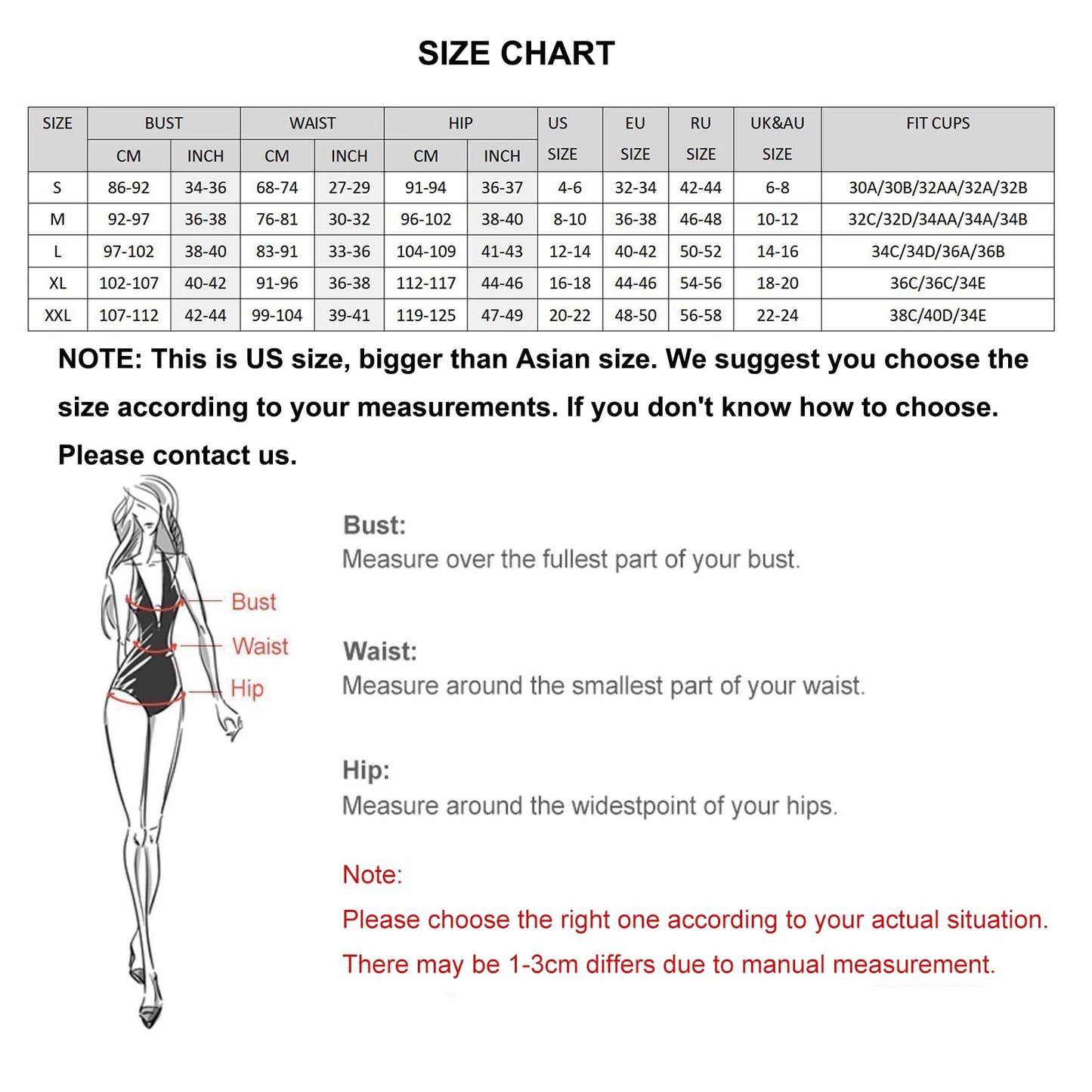 Size chart for clothing with measurements and conversion notes
