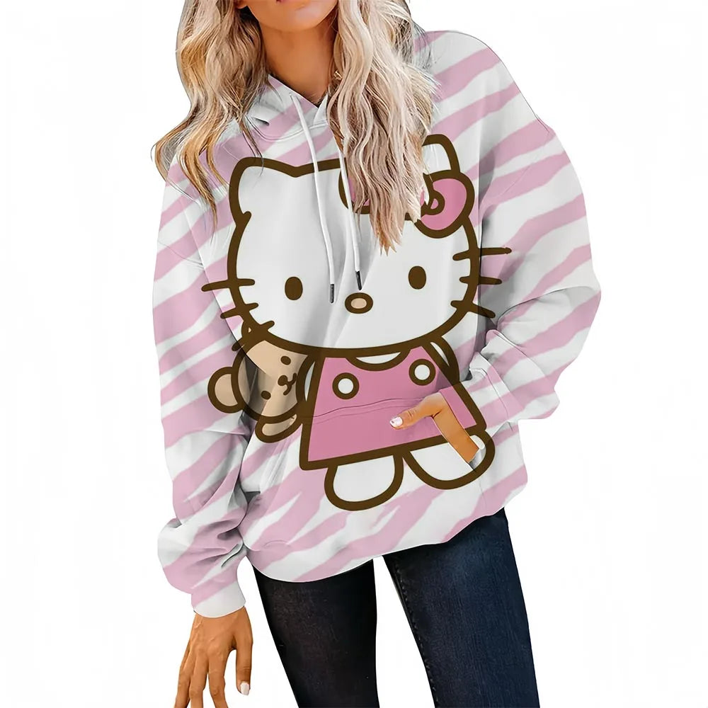 Person wearing a pink and white striped hoodie with a cartoon character design on a white background