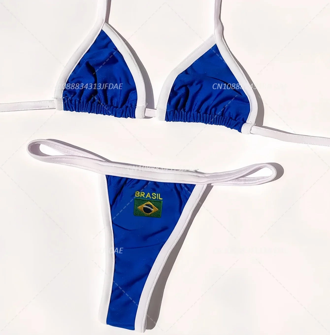 Blue bikini set with 'Brasil' logo on a white background