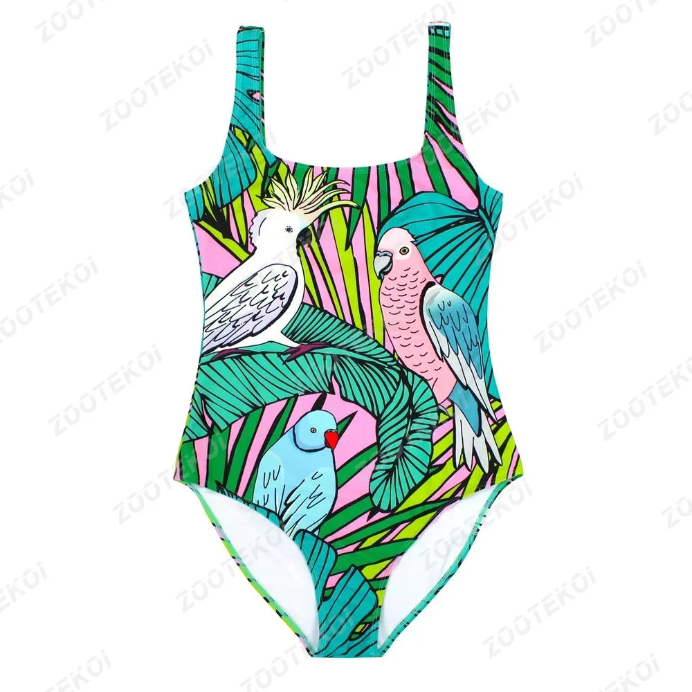 One-piece swimsuit with tropical leaf and parrot pattern on a white background