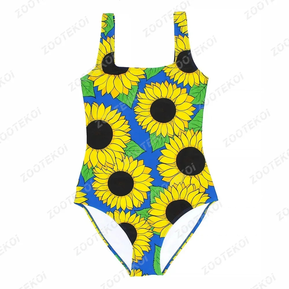 One-piece swimsuit with sunflower pattern on a white background