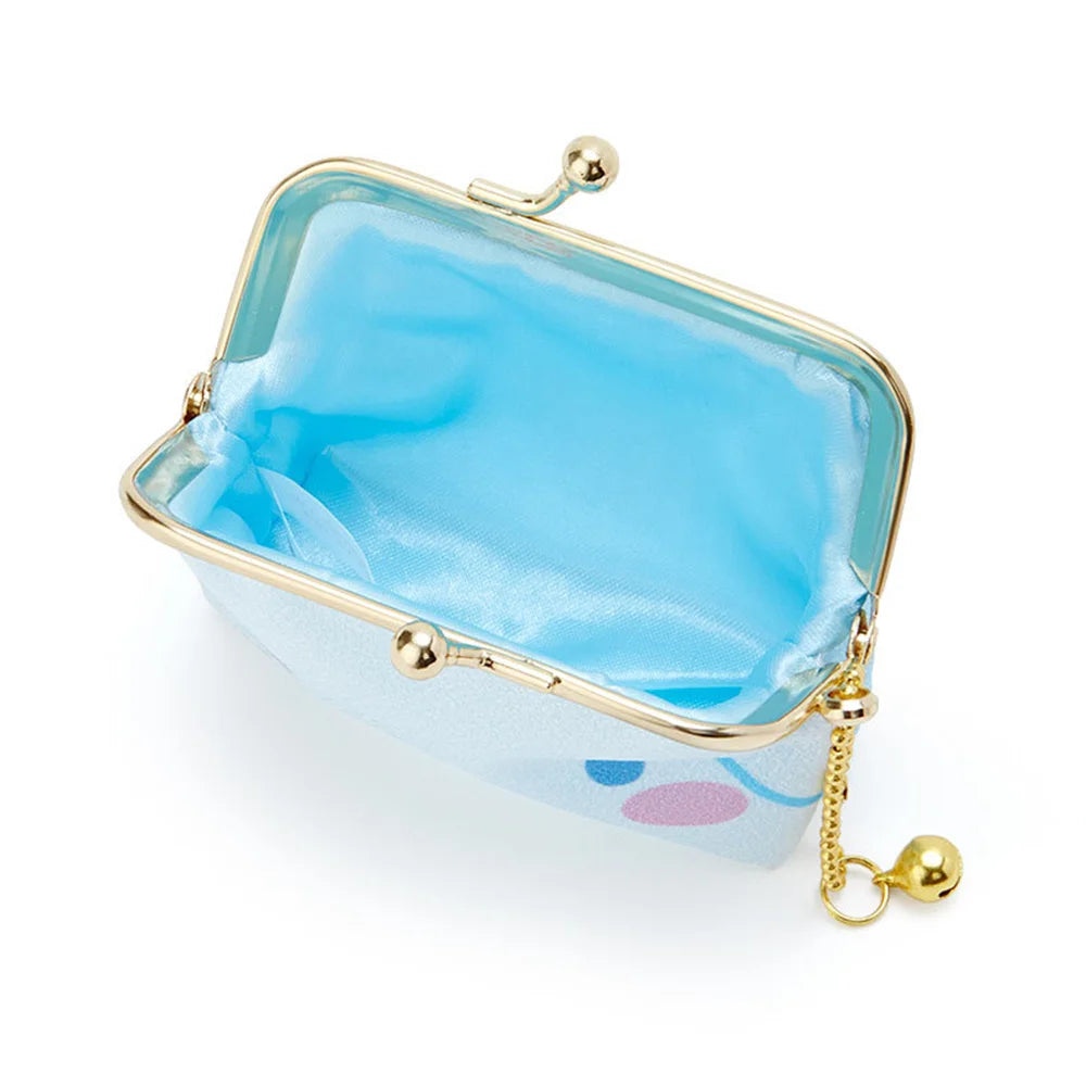 Small blue pouch with gold frame and chain on a white background