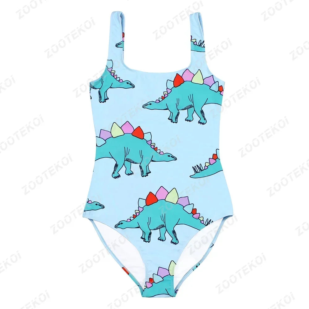 One-piece swimsuit with dinosaur pattern on a light blue background