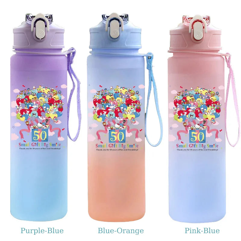 Three colorful water bottles with designs and text on a white background