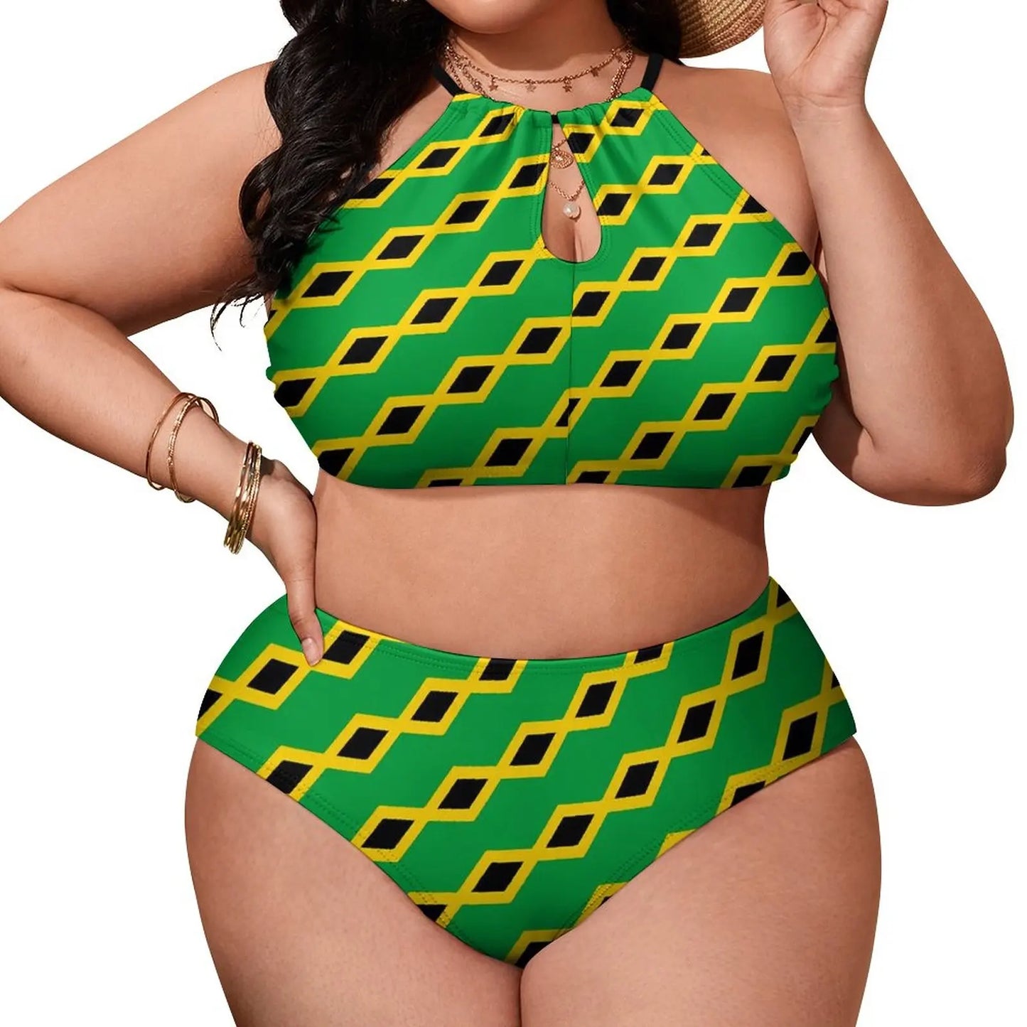 Green and yellow patterned two-piece swimsuit worn by a model on a white background