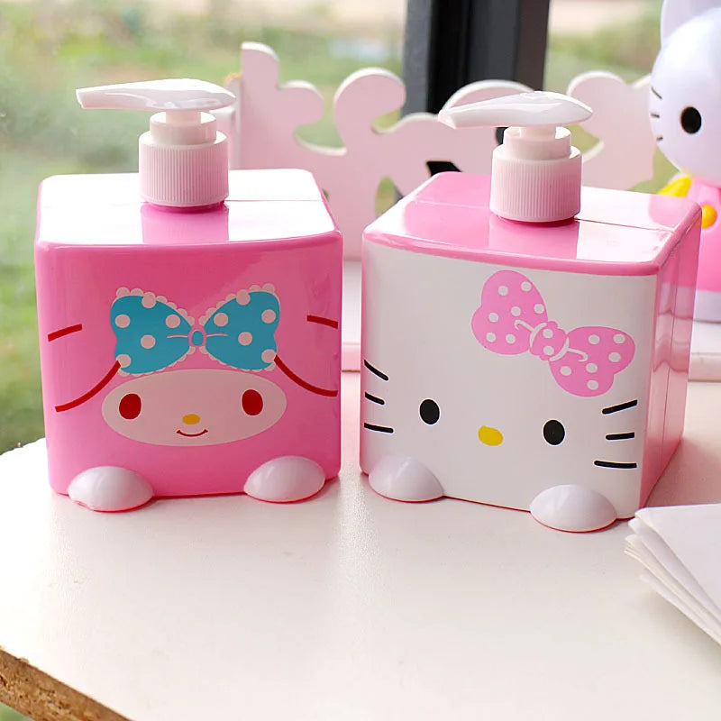 Pink cartoon-shaped bottle with a blue bow on a light background