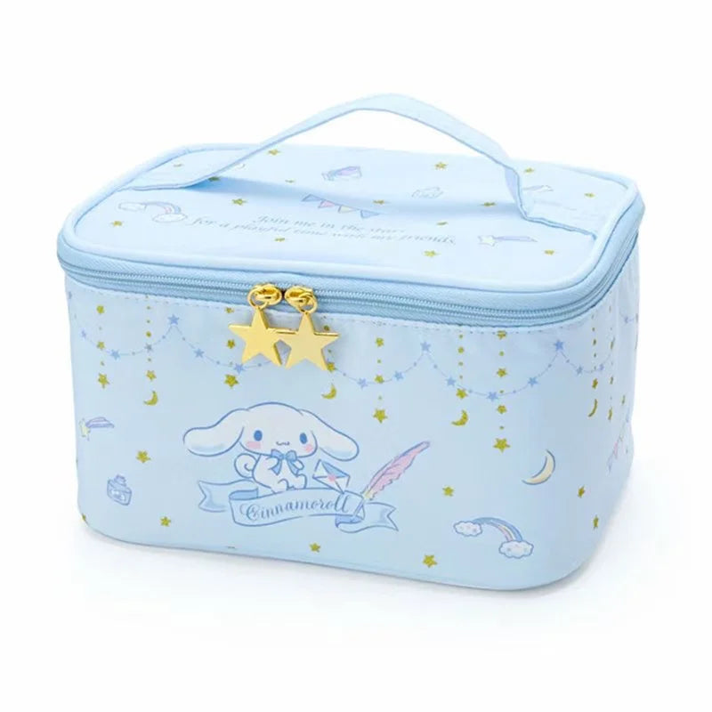 Light blue cosmetic bag with cartoon character and star design on a white background