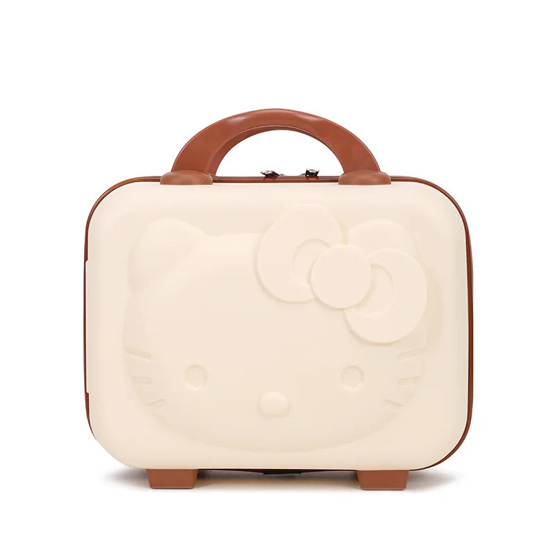Small cream-colored suitcase with brown handle and wheels on a white background