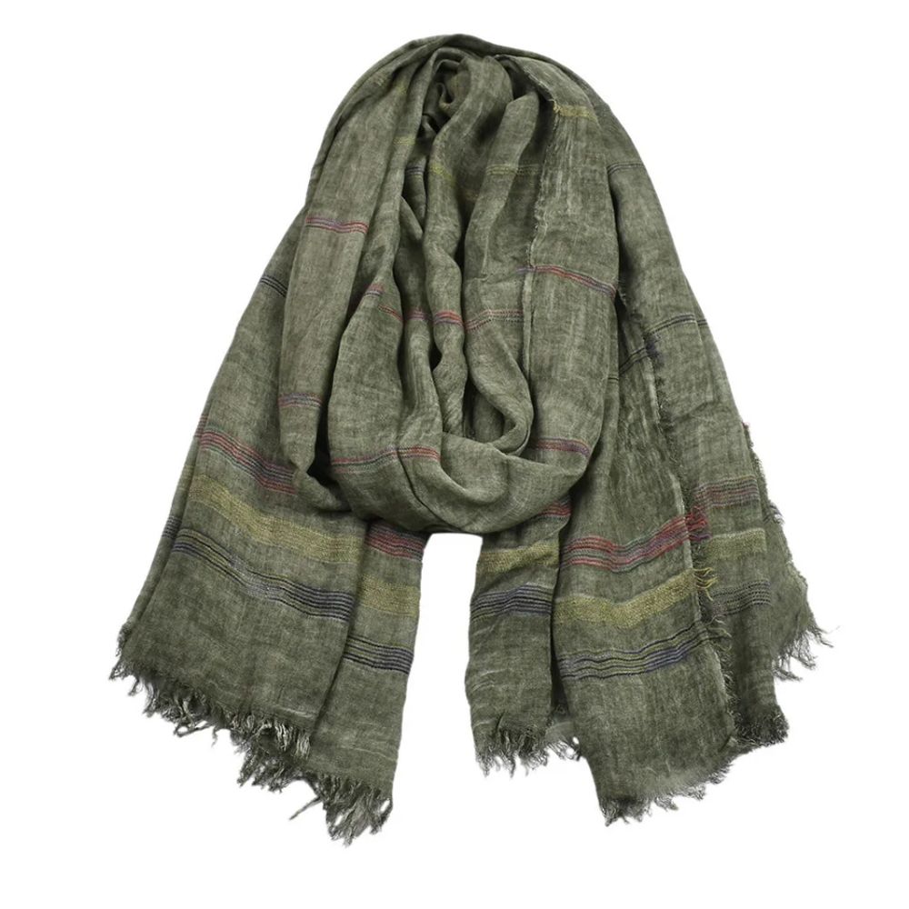 Chic Striped Cotton Linen Scarf in a rich green shade, shown in an elegant wrap to reflect its versatility and comfort. Ideal for adding flair in any season, a must-have accessory for your wardrobe. Winter Hats And Scarves.