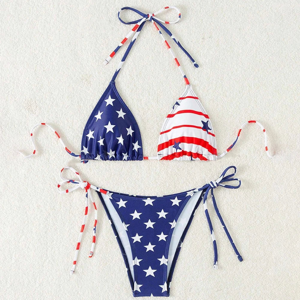 American flag bikini set on a textured white background