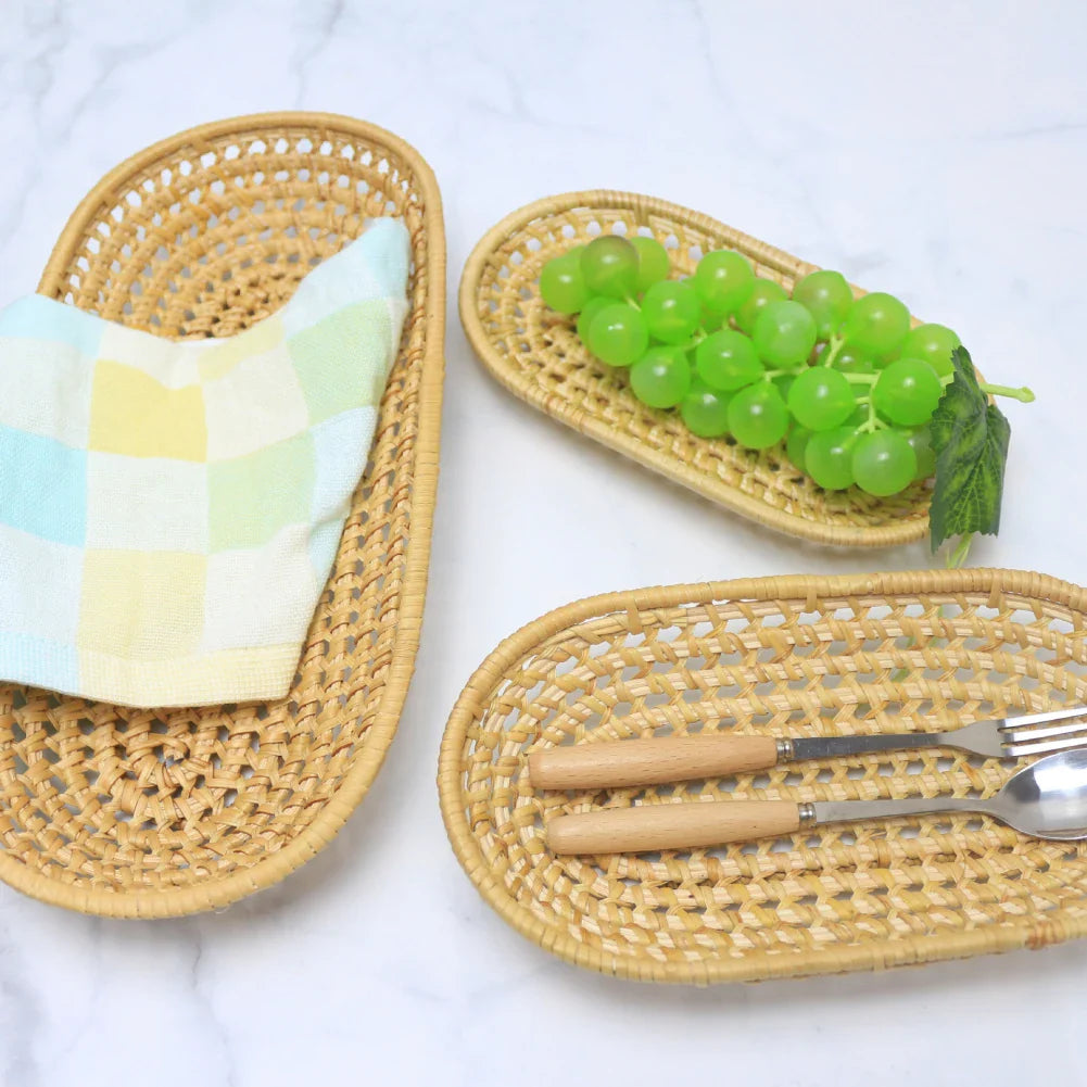 Ensemble de plateaux de rangement en rotin tissé à la main