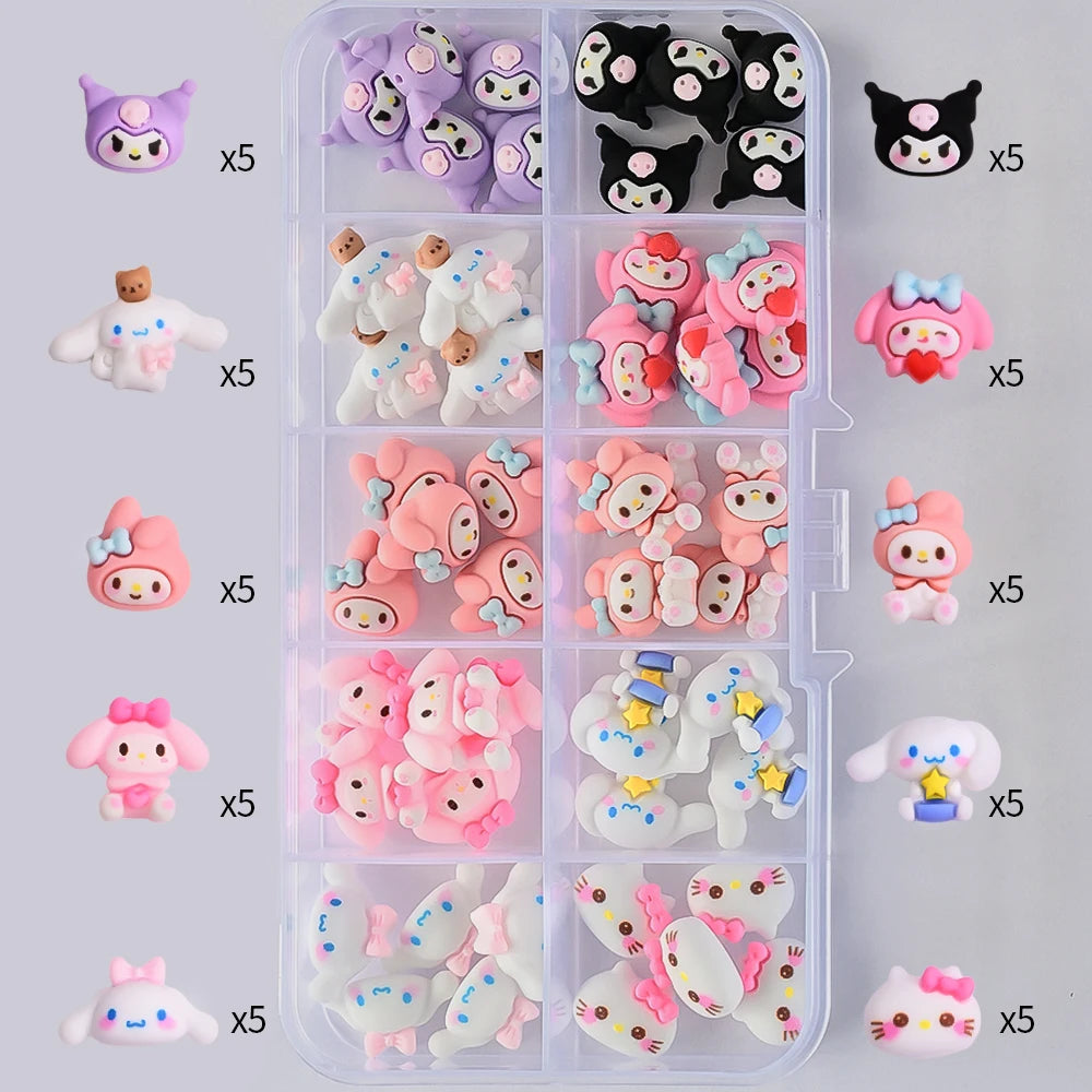 Assorted cartoon character figurines in a clear plastic box on a light gray background.