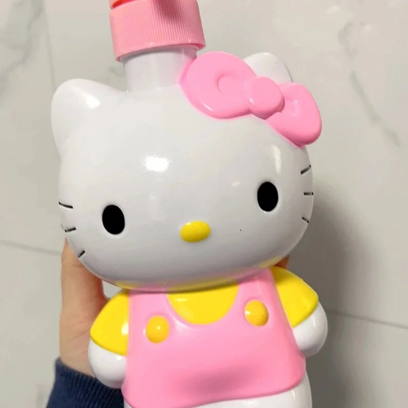 Hello Kitty-themed bottle with pink pump on a soft surface