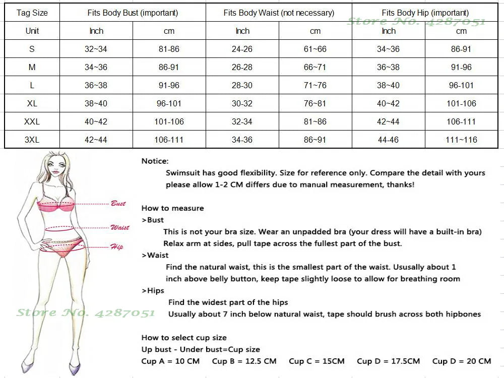 Size chart for swimsuits with measurements in inches and centimeters, accompanied by a diagram of a woman wearing a pink swimsuit.