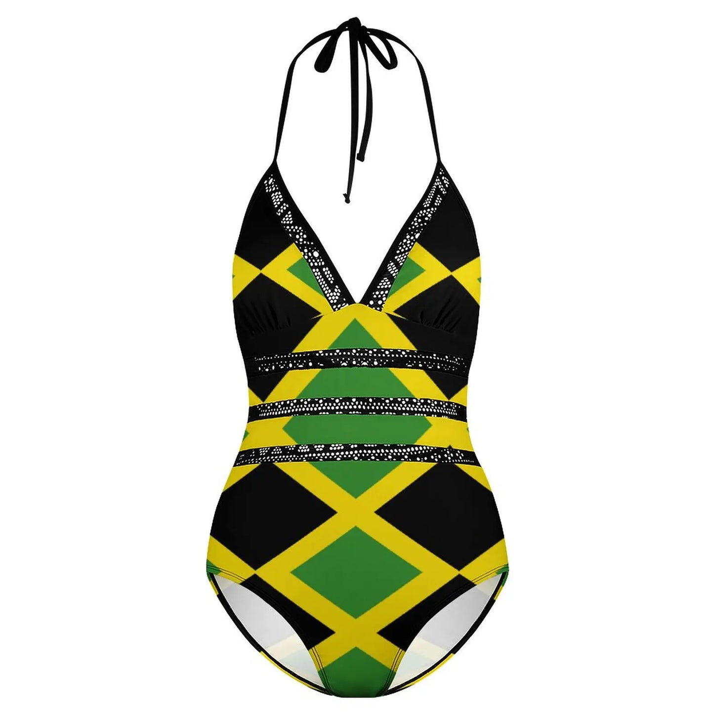 One-piece swimsuit with Jamaican flag pattern on a white background