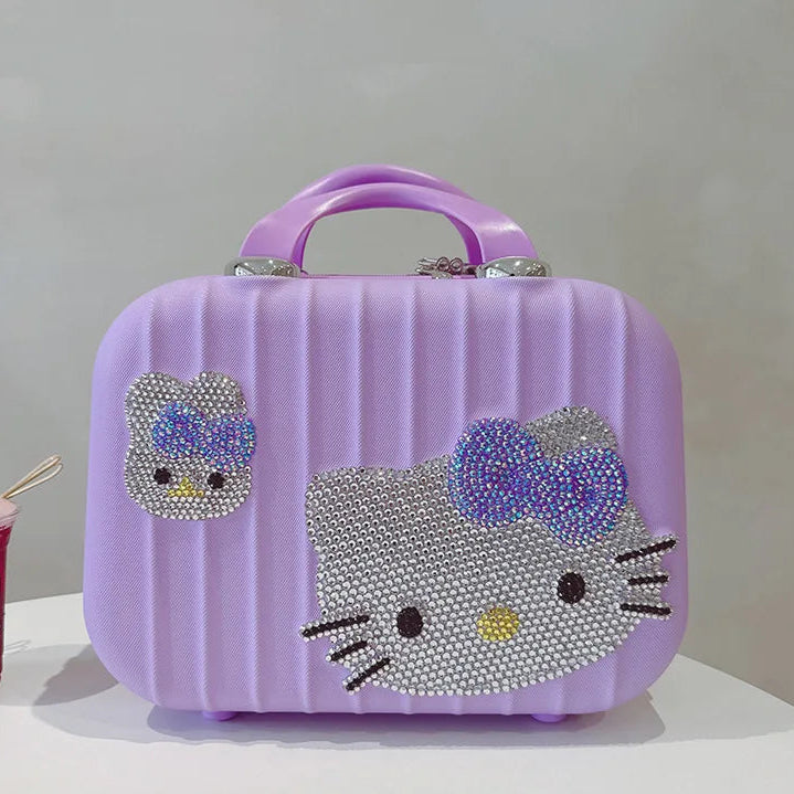 Purple makeup case with a cat face design on a white surface