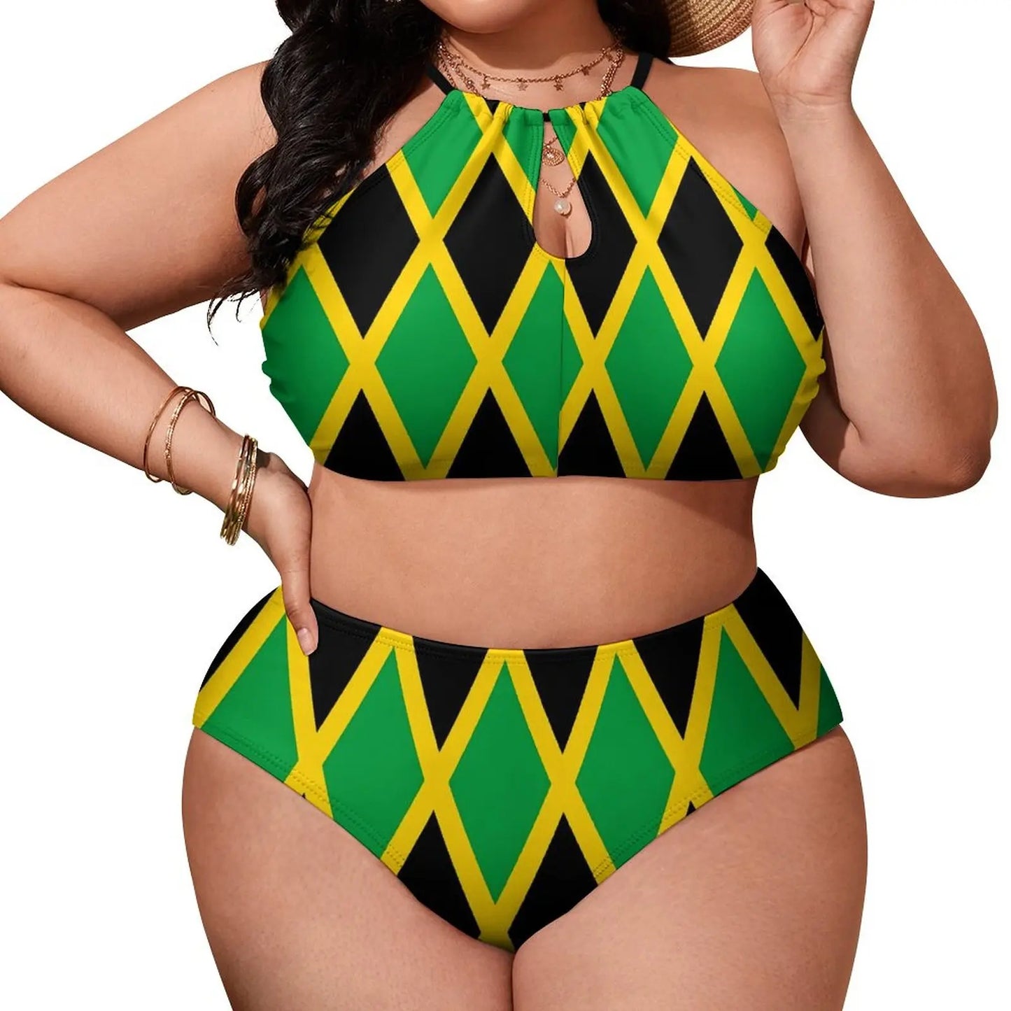 Woman wearing a green, black, and yellow patterned two-piece swimsuit on a white background