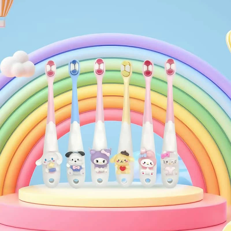 Colorful cartoon toothbrushes with animal designs against a rainbow background