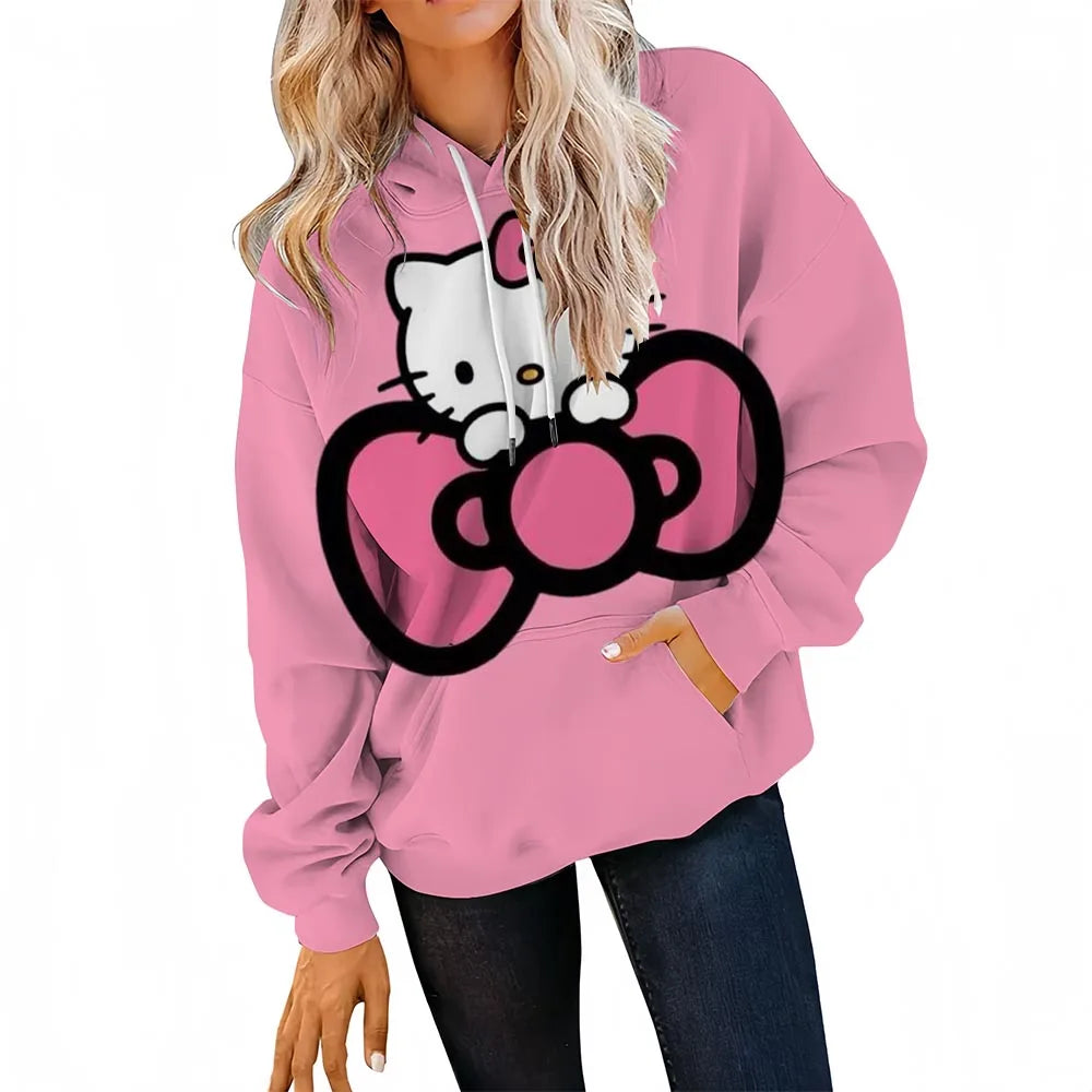 Pink hoodie with a large black bow design on a white background