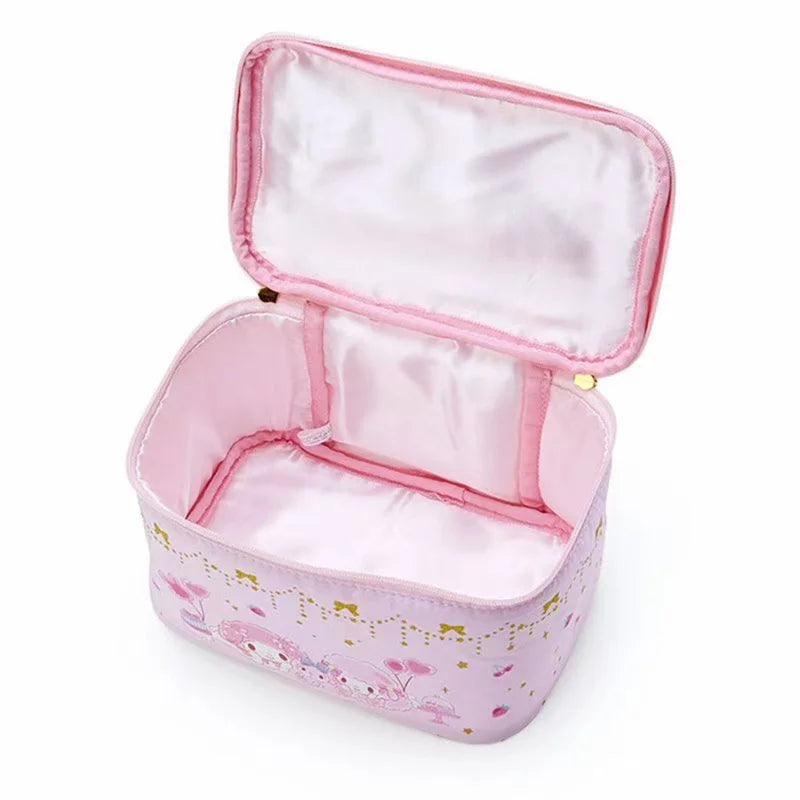 Pink cosmetic bag with floral design on a white background