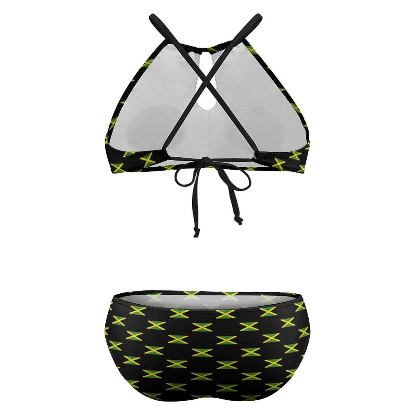 Black and yellow patterned bikini top and bottom on a white background