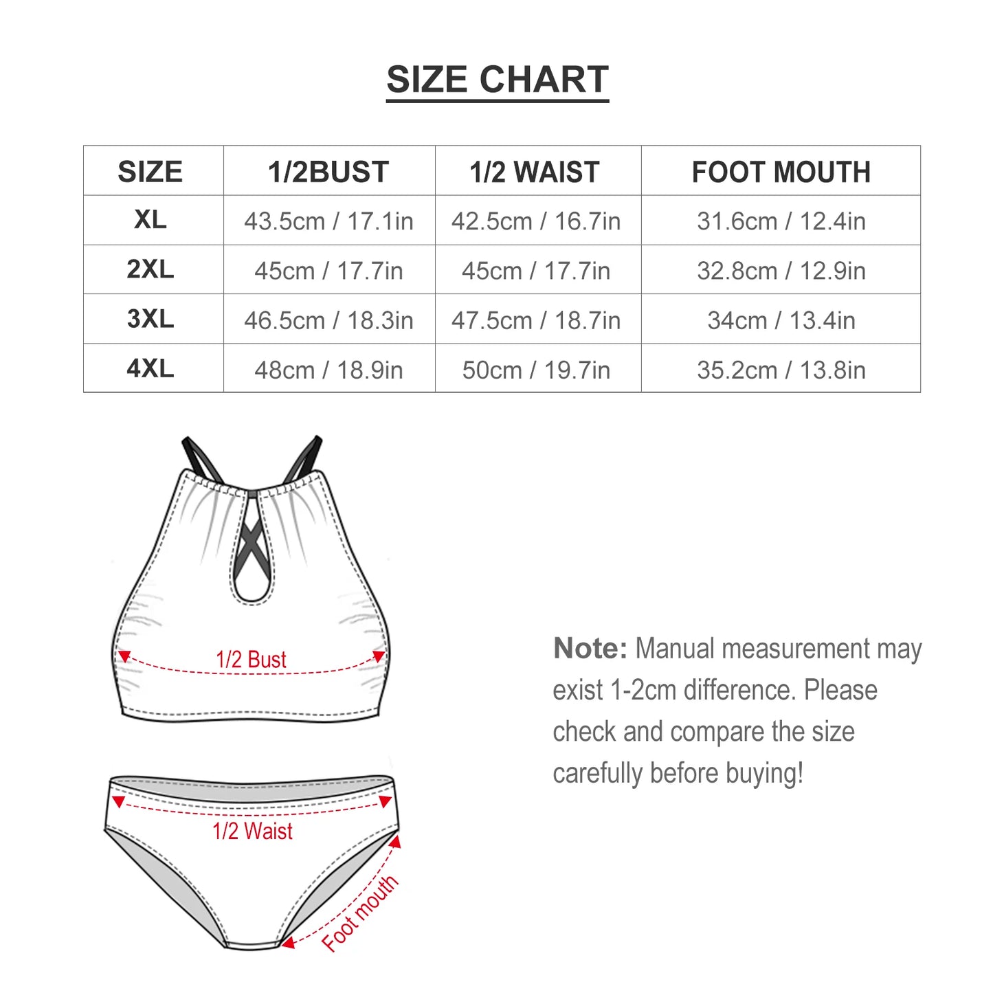 Size chart for a bra and panties set with measurements in centimeters and inches.