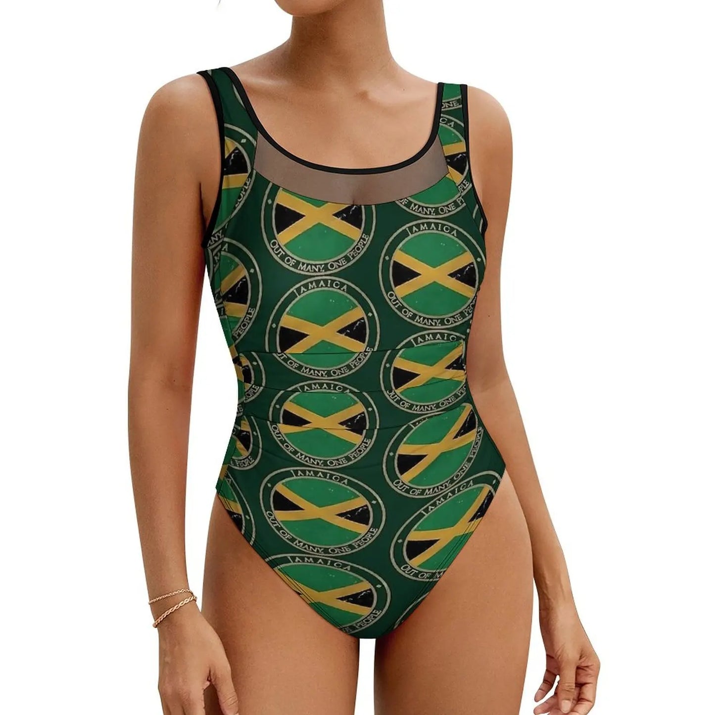 Green swimsuit with Jamaica flag pattern on a white background