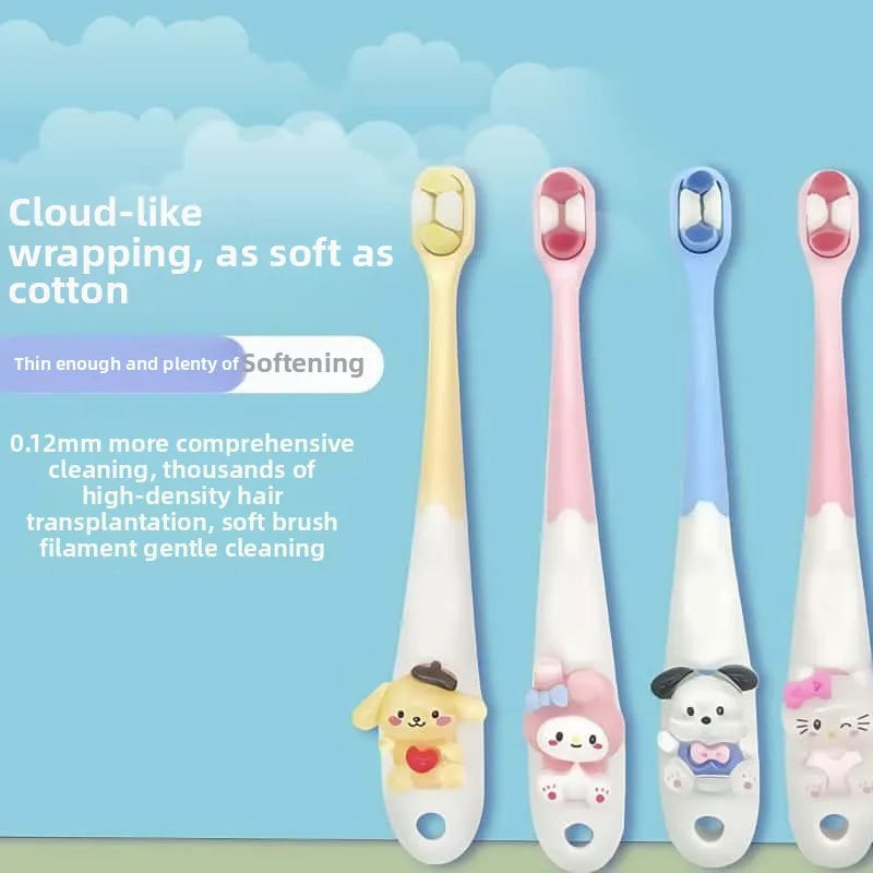Four cartoon-themed toothbrushes on a blue background with product features text.