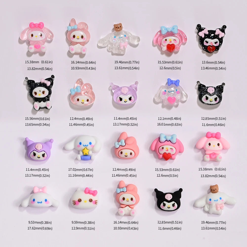 Collection of small cartoon character figurines with measurements displayed below each.