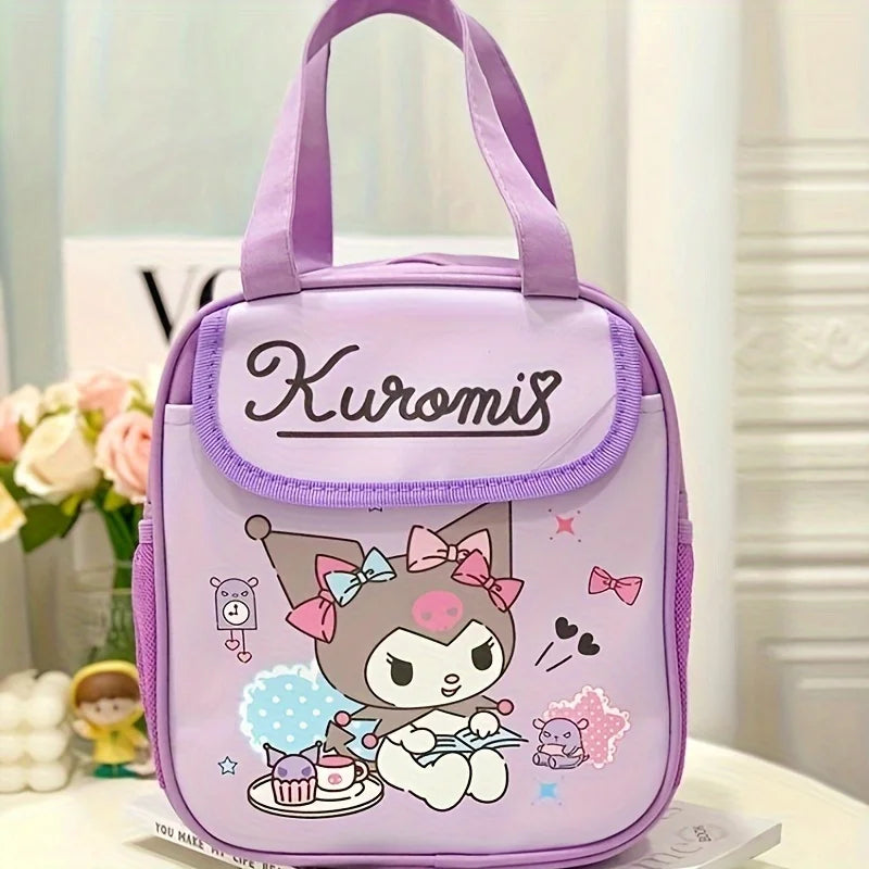 Purple lunch bag with cartoon character and 'Kuromi' branding on a light background