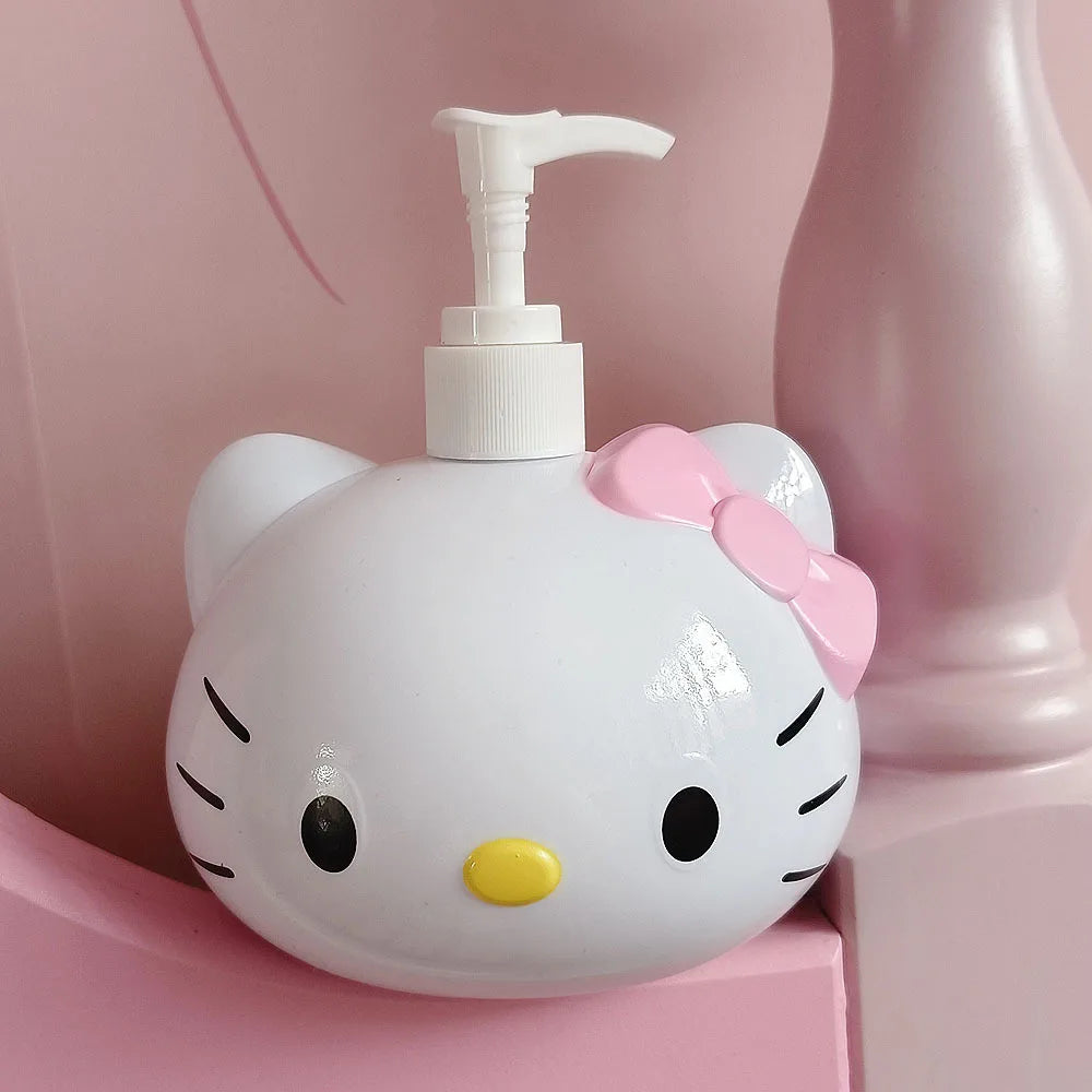 Hello Kitty-shaped lotion bottle with a pink bow on a pink background