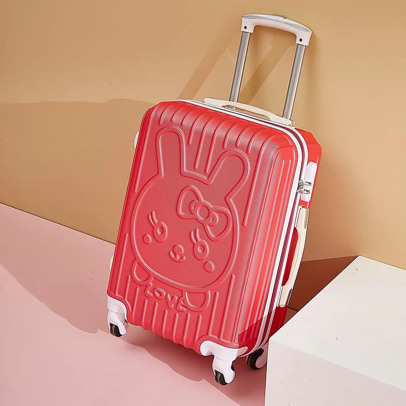 Red suitcase with a character design on a beige background