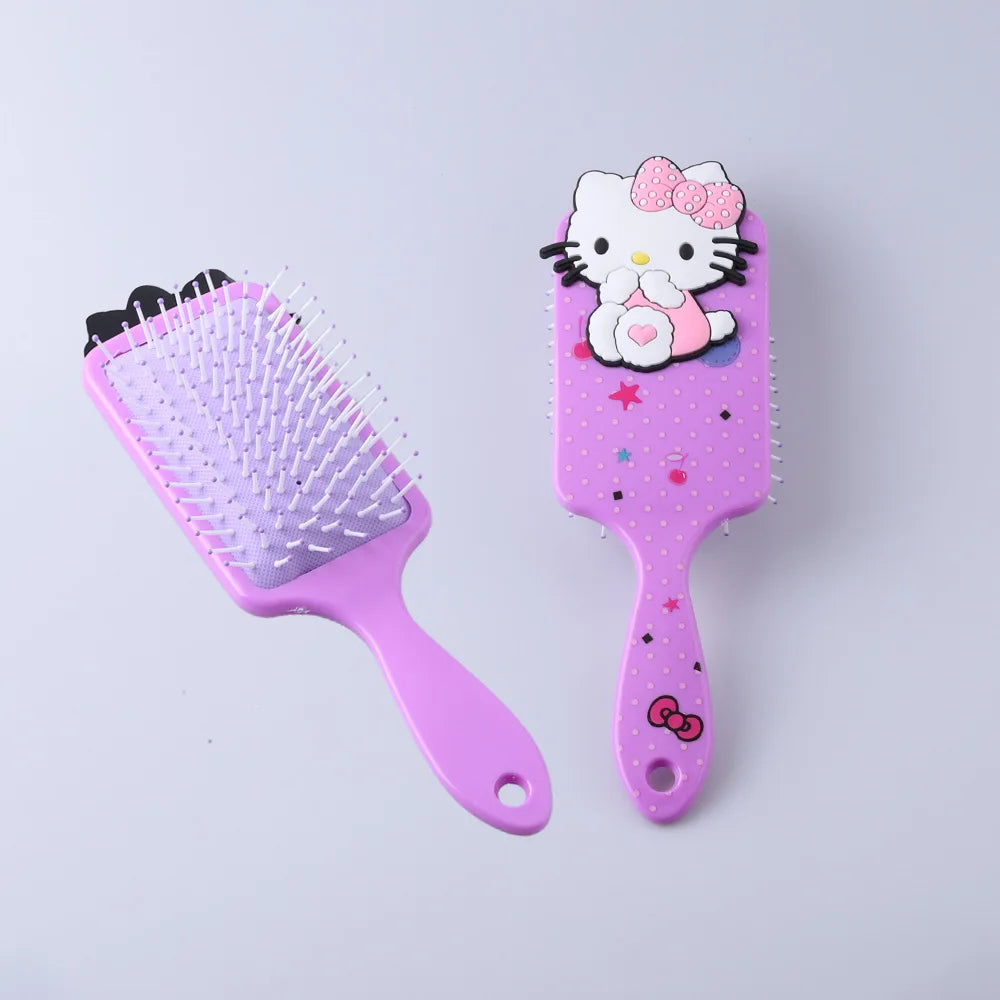 Two pink hairbrushes with cartoon character design on a light purple background