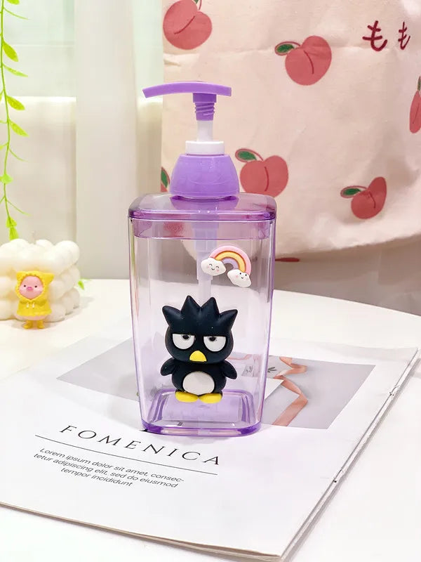Purple bottle with a cartoon character on a white surface