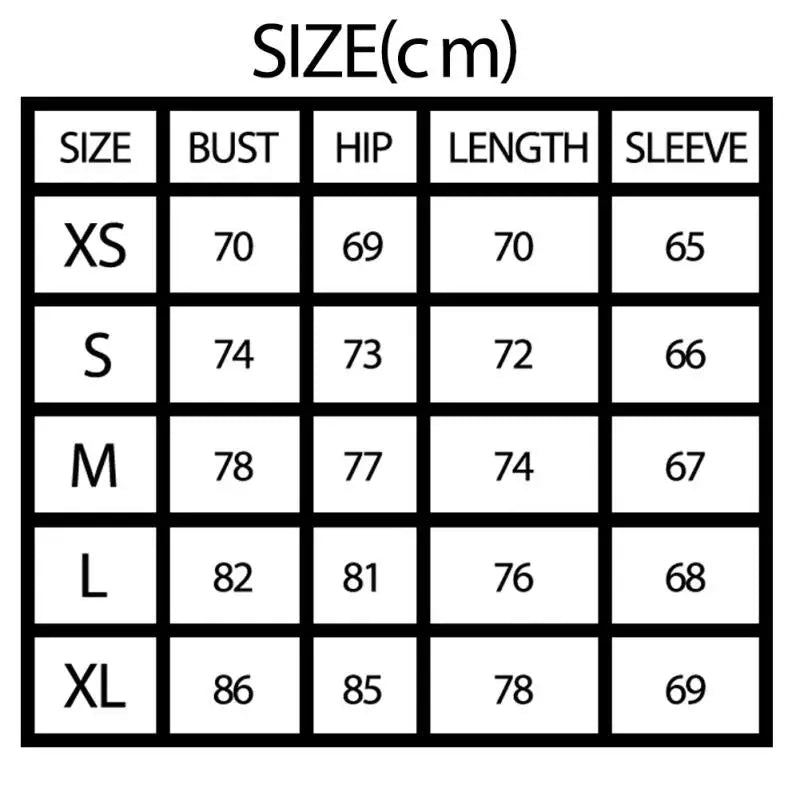 Size chart for clothing measurements in centimeters