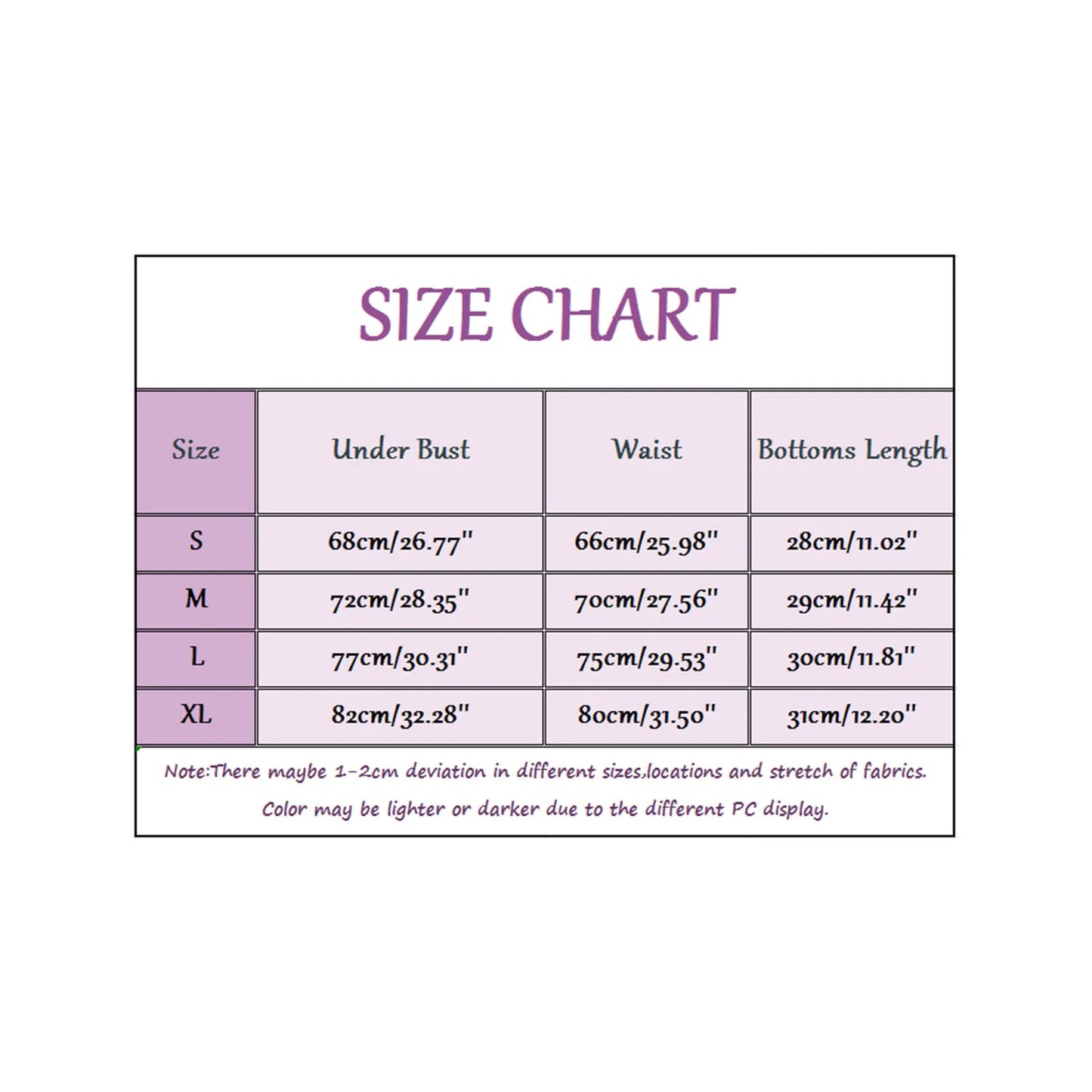 Size chart for clothing with measurements in centimeters and inches.