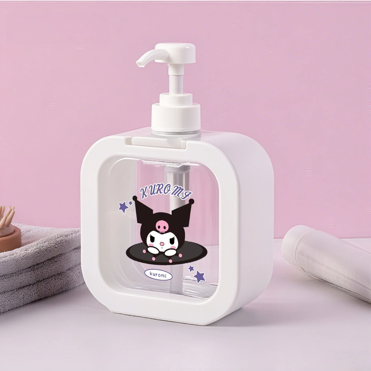 White soap dispenser with cartoon character on a pink background