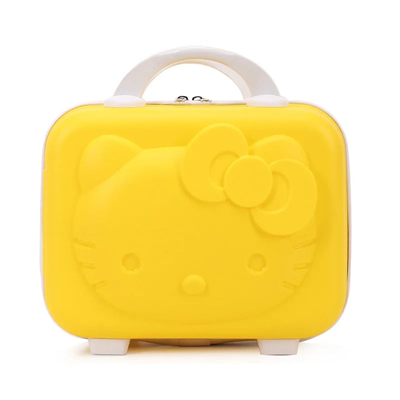 Yellow suitcase with a Hello Kitty design on a white background