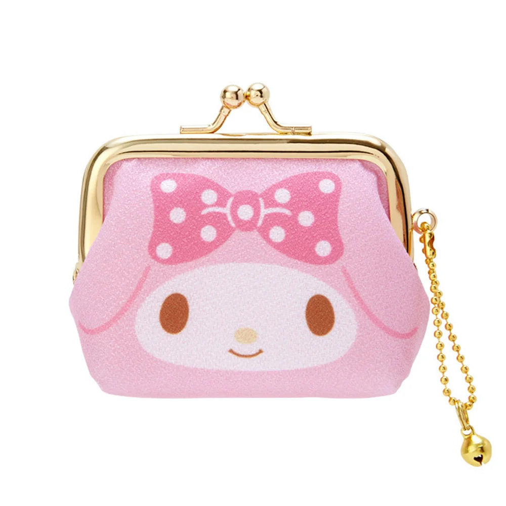 Pink pouch with a cartoon face and bow design on a white background